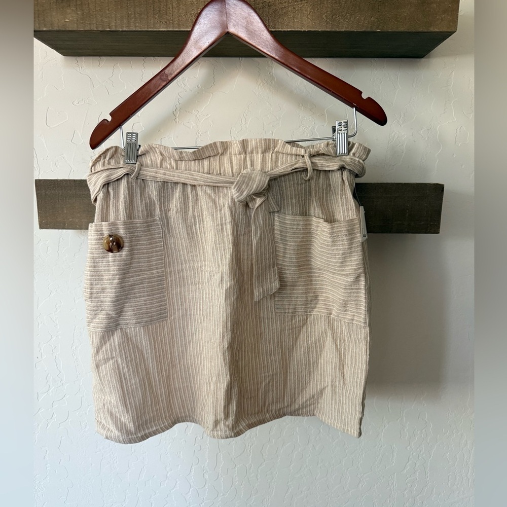 Sadie & Love|Beige Striped Paperbag Waist Skirt,neutral lightweigh,cotton linen